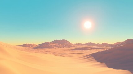 Vast golden desert dunes bathed in sunlight with a clear blue sky creating a serene and picturesque landscape scene.