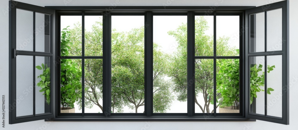 Poster modern french window with a vertical sliding design showcasing greenery and an empty space ideal for