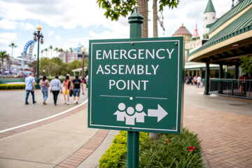 A sign indicating the emergency assembly point, directing people to gather safely in case of an emergency, set in a lively outdoor environment.