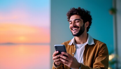 Cheerful man using his smartphone with beautiful sunset background, expressing happiness and connection, perfect for social media, blog content, and advertising.
