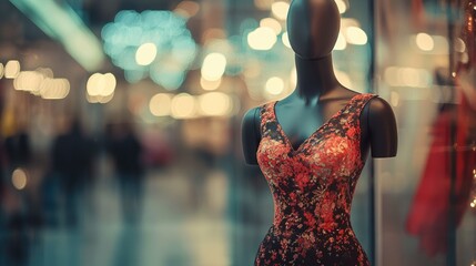 Obraz premium Stylish floral dress showcased on a mannequin in a vibrant shopping mall setting with blurred lights and a fashionable ambiance