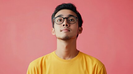 Obraz premium Young man in glasses wearing a bright yellow shirt against a pink background, showcasing a thoughtful expression and modern style.
