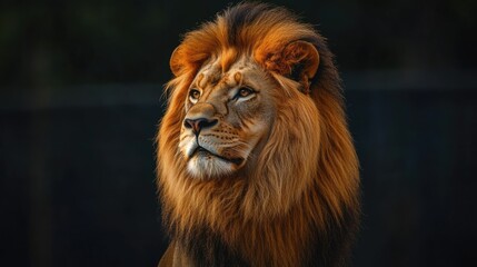 Obraz premium Majestic lion profile showcasing regal features and vibrant mane against a dramatic black background for wildlife enthusiasts and nature lovers.