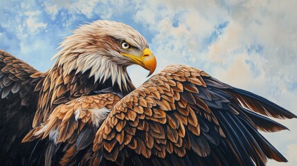 Obraz premium Majestic eagle preening its vibrant feathers against a clear background highlighting intricate details and natural beauty.