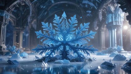 Glittering blue snowflakes cover a crystal ice palace, frosty, winter wonderland, wintry