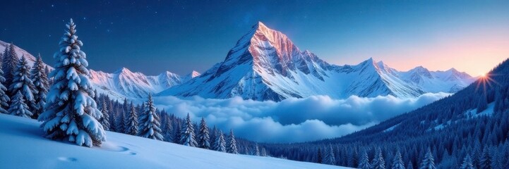 Snowy mountains towering above a starry winter sky, winter, trees