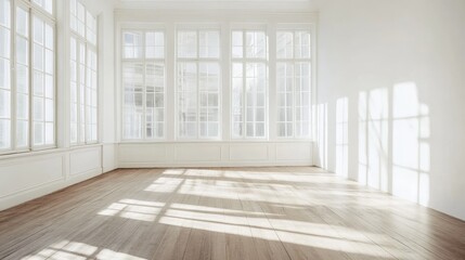 Obraz premium Spacious minimalist room featuring expansive windows and bright white walls illuminating warm wooden floors