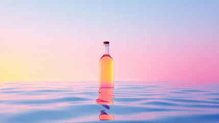 Glass bottle floats gently on calm, pastel-colored water at sunset. Serene and minimalist scene.