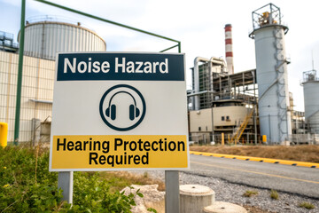Obraz premium A sign indicating a noise hazard and the requirement for hearing protection at an industrial facility.