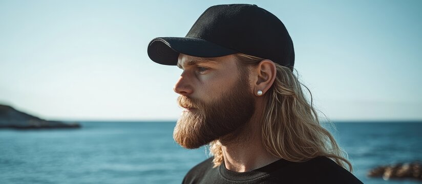 Caucasian man with long blonde hair and beard in a black cap by the ocean on a sunny day with space for text overlay