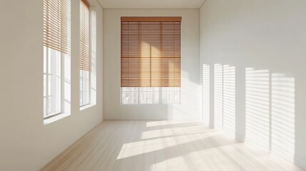 Obraz premium Bright and Airy Minimalist Office Space Featuring Wooden Blinds and Sunlight Streaming Through Large Windows