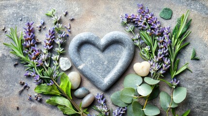 Essential oils and natural healing arrangement with lavender eucalyptus stones and heart shape on a textured surface for wellness themes