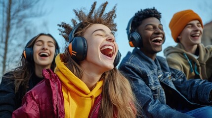 A group of teenagers laughing and sharing headphones vibrant isolated
