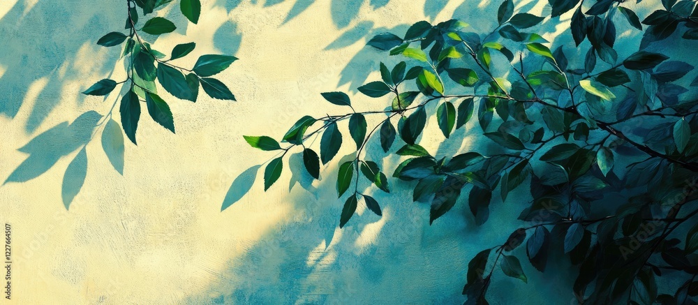 Poster green leaves in dappled sunlight creating a natural background texture with soft shadows and ample s