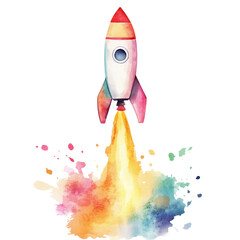 Vibrant Rocket Launching Into a Colorful Sky With Bright Flames and Splashes of Paint Surrounding It