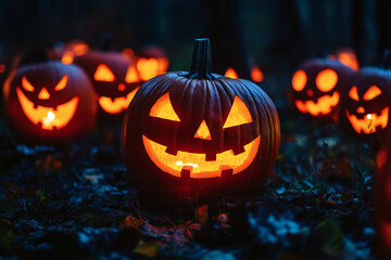 Obraz premium Spooky Halloween Gift Box with Glowing Jack-o'-Lanterns and Eerie Atmosphere Surrounded by Pumpkins and Autumn Leaves in a Mystical Night Scene