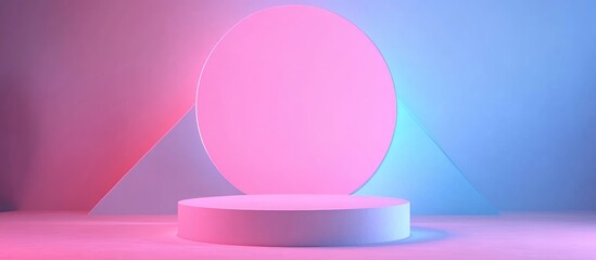 Obraz premium Minimalist neon pink and blue background with circular podium ideal for modern product display and creative presentations in a dreamy setting.