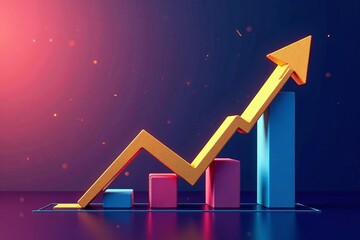 Colorful 3D graph depicting growth with arrows and bars on a modern background.