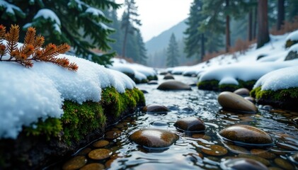 River stones and moss on a snowy mountain forest floor amidst evergreen trees, river stone, christmas, tree