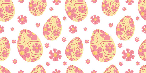 Seamless Easter pattern with decorative pastel eggs, pink flowers, vintage floral ornaments, and delicate swirls on white background. Festive seasonal illustration in vector Easter atmosphere style.