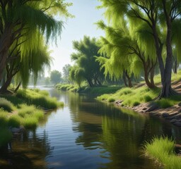 Obraz premium Riverbank lined with willow trees and lush greenery , tree, river