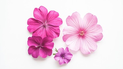 Fototapeta premium Magenta and Light Pink Flower Blossoms on a Clean White Background for Delicate Floral Designs and Artwork