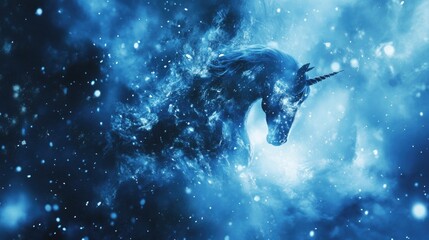 Majestic Blue Unicorn Surrounded by Cosmic Elements and Snowflakes in a Dreamy Fantasy Landscape