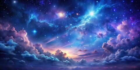 Fototapeta premium A majestic night sky with a vibrant display of bright stars and swirling clouds in shades of blue and purple, set against a dark canvas , cloudy night, galaxy background