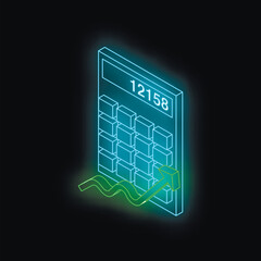 Neon isometric calculator with increasing green arrow symbolizing positive financial trend, profit, and success