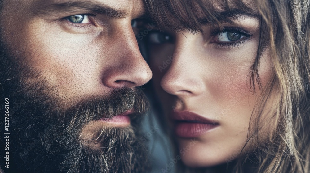 Poster Two captivating individuals share a close encounter, highlighting their styled beards and stunning features. The warm ambiance softens their expressions, creating an enchanting connection