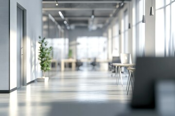 Bright office interior with glass walls, minimalistic furniture, and natural elements like indoor plants, creating a clean and inviting workspace.
