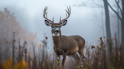 Fototapeta premium Stunning deer with impressive antlers standing in a foggy forest at twilight showcasing nature's beauty and serenity