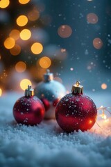 Frosty ornaments sit on a snow-covered table with twinkling bokeh lights and sparkling fairy lights, lights, decorations, table