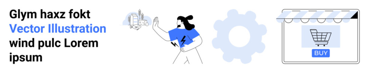 A woman gestures towards digital elements, including a gear and a storefront with a buy cart. Ideal for technology, automation, e-commerce, marketing, innovation, retail, and flat landing page banner