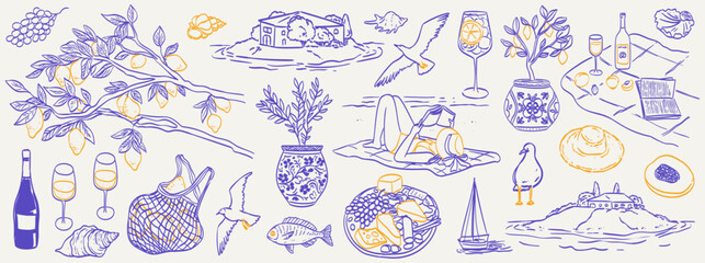 Italian summer vacation doodle style illustration set. Vector ink hand drawn Italy coast sea or beach print elements. Sea weekend or rest collection for invitations to beach party, picnic, wedding.
