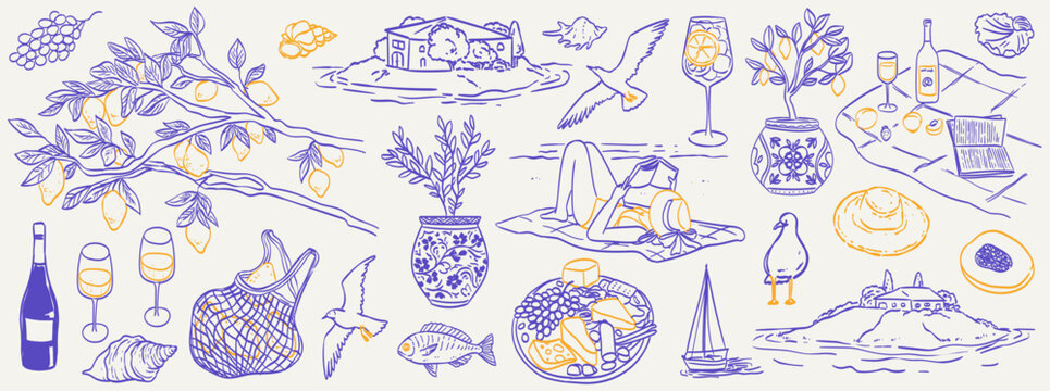 Italian summer vacation doodle style illustration set. Vector ink hand drawn Italy coast sea or beach print elements. Sea weekend or rest collection for invitations to beach party, picnic, wedding.