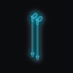 Neon sign representing nordic walking poles glowing on a black background