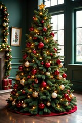 Festive holiday decorations including garlands, wreaths, and holly surrounding the base of a large Christmas tree, garland, decoration, holiday