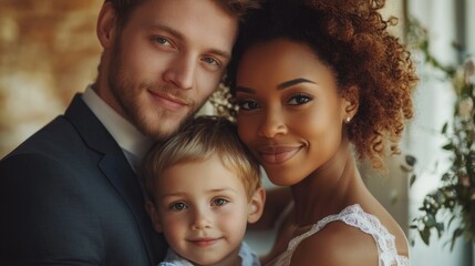 Fototapeta premium Happy blended family portrait featuring newlywed couple with their adopted child sharing a joyful moment together at home.