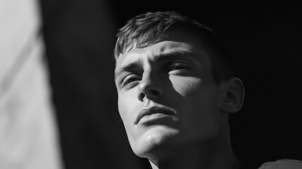 Obraz premium Thoughtful young man in black and white portrait with short hair and an inquisitive expression gazing towards the light outdoors.
