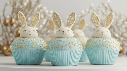 Easter themed cupcakes decorated with bunny ears, blue fondant and gold designs