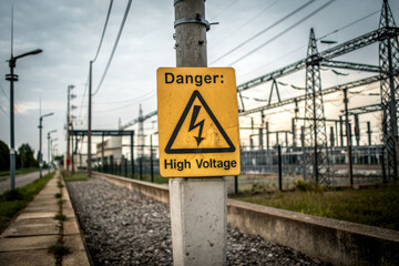 A warning sign indicating high voltage danger, placed beside electrical infrastructure, under a cloudy sky.
