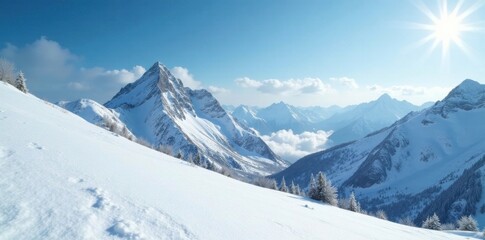Snowy mountainside stretches towards the isolated sky, stillness, isolation, solitary