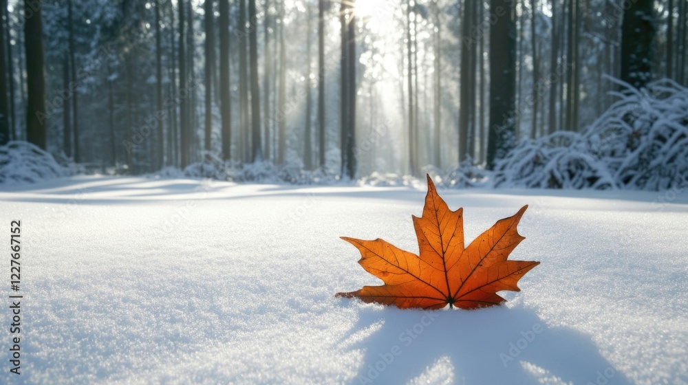 Wall mural sunlit winter forest with fallen maple leaf on snow and snow-covered trees providing space for text 