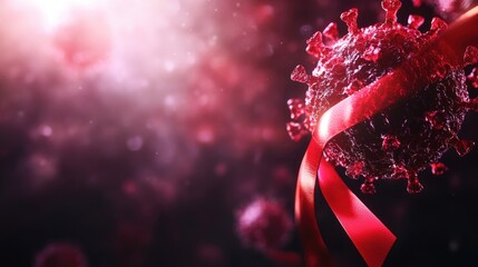 AIDS Awareness Poster Featuring Red Ribbon and Virus Illustration with Copyspace for Educational Campaign Messaging