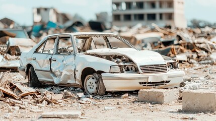 Abandoned Sedan Frame in Scrapyard, a stripped car rests on concrete blocks, surrounded by debris and rust, showcasing the remnants of forgotten machinery and decay.