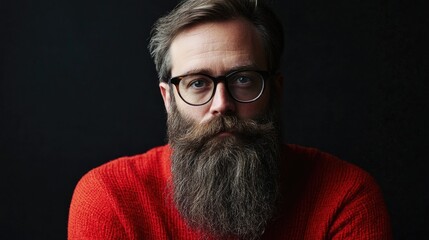 Portrait of a bearded man in glasses wearing a bright red sweater against a dark background showcasing a masculine and thoughtful expression