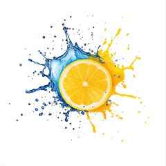 Fresh Lemon Slice Surrounded by Vibrant Splashes of Blue and Yellow Liquid on White Background