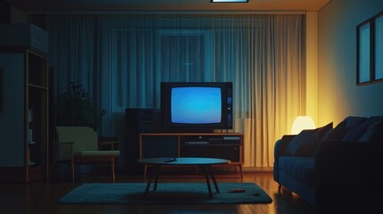 Cozy Minimalist Living Room at Night with Warm Lighting and Vintage Television Set