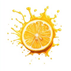 Vibrant Lemon Slice Surrounded by Bright Yellow Splash of Juice Isolated on Clean White Background